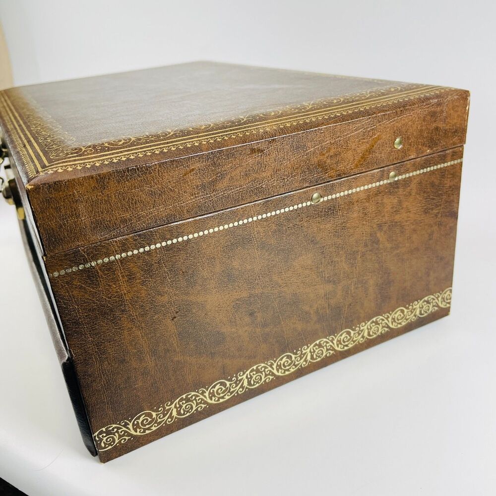 VTG MELE 4-Tier Jewelry Box MCM Mid-Century Faux Leather Satin Gold Velvet w KEY - Picture 3 of 16